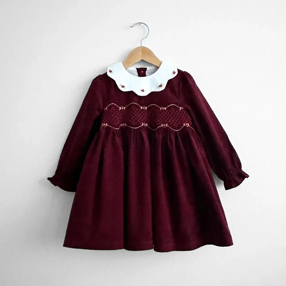 NWT Beautiful Girls Floral Embroidered Smocked Long Sleeve Dress Burgundy 6Y